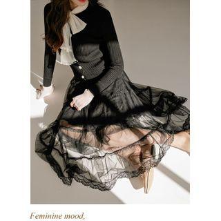 Lace-trim Long Tiered Tulle Skirt