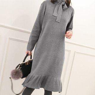 Ruffle Hem Long Sleeve Midi Knit Dress