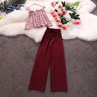 Set: Plaid Camisole Top + Drawstring Wide-leg Pants