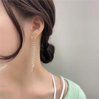 Cross Rhinestone Faux Pearl Fringed Earring 1 Pair - Earring - Rhinestone - Silver - One Size