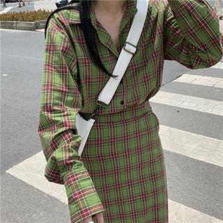 Long-sleeve Plaid Shirt / Midi Fitted Skirt