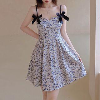 Bow Floral Suspender Skirt As Shown In Figure - One Size