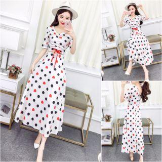Sets: Dotted Drawstring Top + High-waist Midi-skirt