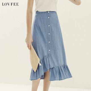 Single-breasted Frill Tie-waist Shirred Plain Denim Long Skirt
