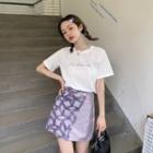 Elbow-sleeve Letter Embroidered T-shirt / Mini A-line Skirt