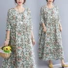 Elbow-sleeve Floral Midi Oversized Dress Floral - Green & Red - One Size