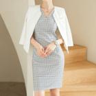 Sleeveless Houndstooth A-line Dress / Elbow-sleeve Blazer / Set