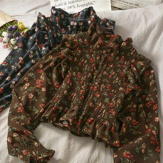 Floral Ruffled-trim Smocked Crop Shirt