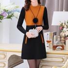 Long-sleeve Contrast-color Dress With Necklace