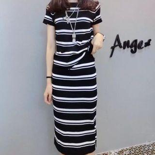 Set: Striped Short-sleeve Knit Top + Knit Midi Pencil Skirt