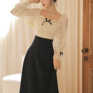 Set: Ribbon Accent Lace Blouse + Midi A-line Skirt