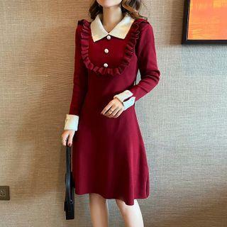 Ruffle Trim Polo-neck Knit Dress
