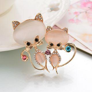 Cat Eye Stone Rhinestone Fox Brooch
