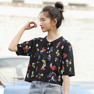 Polo Collar Short-sleeved Knit Top Black - One Size