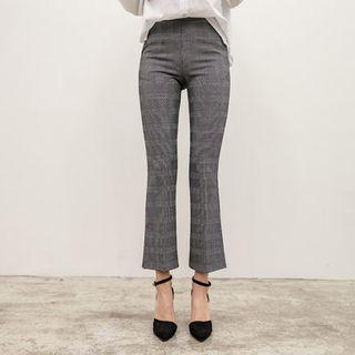 Banded-waist Boot-cut Glen-check Pants