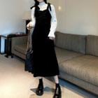 Set: Long-sleeve Lace Blouse + Spaghetti Strap Midi A-line Velvet Dress