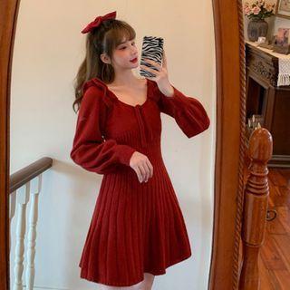 Plain V-neck Puff-sleeve Knitted A-line Mini Dress