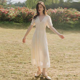 Short-sleeve Faux Pearl Lace A-line Midi Dress