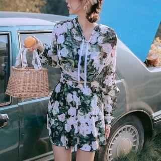 Set: Floral Print Tankini Top + Swim Skirt + Hoodie
