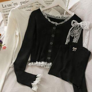Set: Ribbon-accent Lace Halter Top + Lace-trim Light Cardigan
