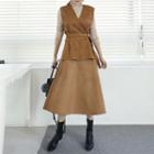 Set: Sleeveless Faux-suede Top + Midi Flare Skirt + Belt