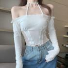 Long-sleeve Halter-neck Top White - One Size