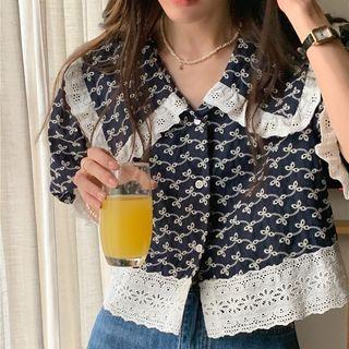 Short-sleeve Lace Trim Patterned Blouse