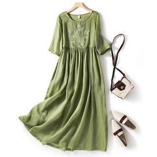 Elbow-sleeve Embroidered Linen Maxi A-line Dress