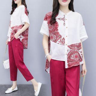 Set: Patterned Short-sleeve Shirt + Crop Pants