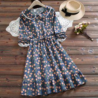 Long-sleeve Cherry Print Midi  A-line Dress