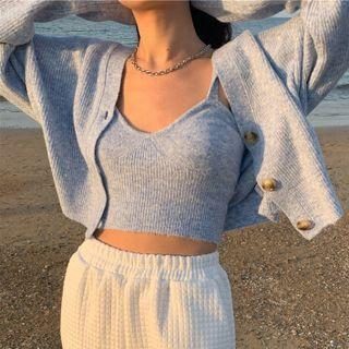 Knit Cropped Camisole Top / Cardigan / Harem Pants / Set