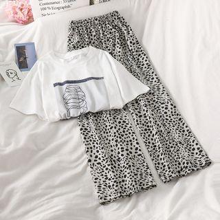 Short-sleeve Print T-shirt / High-waist Leopard Print Wide-leg Pants