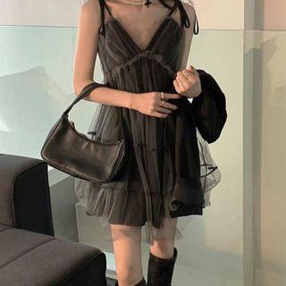 Spaghetti Strap Mesh Panel Mini A-line Dress / Cropped Blazer