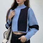 Two-tone Cropped Mock-neck Sweater Blue - One Size