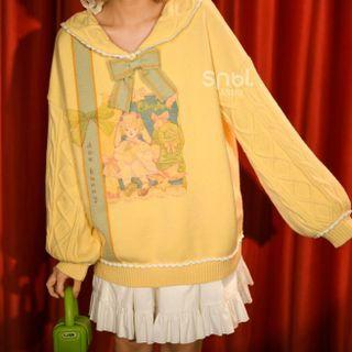 Sailor Collar Bow Cartoon Print Sweater