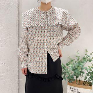 Long-sleeve Wide Collar Floral Print Blouse White - One Size
