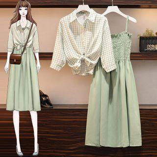 Set: Plaid Elbow-sleeve Blouse + Spaghetti Strap A-line Dress