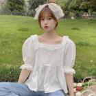 Puff-sleeve Square-neck Lace Trim Blouse White - One Size