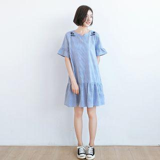 Flower Embroidered Pinstriped Short Sleeve Dress