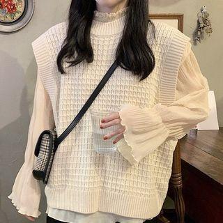 Lantern Sleeve Chiffon Top / Knitted Vest