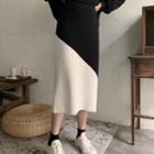 Two-tone Midi Rib-knit Skirt Black & White - One Size