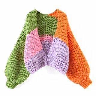 Color Block Cardigan Tangerine & Pink & Green - One Size
