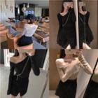 Long-sleeve Asymmetrical Neckline T-shirt / Furry A-line Skirt
