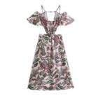Bell-sleeve Cold-shoulder Print Maxi A-line Dress