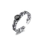 925 Sterling Silver Fashion Simple Leaf Obsidian Adjustable Open Ring Silver - One Size
