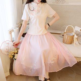 Set: Traditional Chinese Short-sleeve Embroidered Top + A-line Midi Skirt