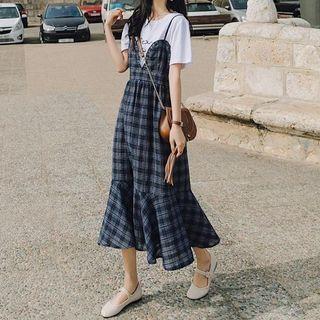 Short Sleeve Lettering Plaid Panel Mock Two Piece Dress