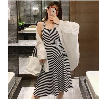 Set: Striped Sleeveless A-line Dress + Shirt Stripes - One Size