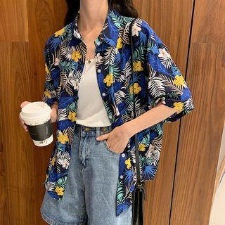 Elbow-sleeve Tropical Print Chiffon Shirt