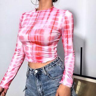 Long-sleeve Tie-dye Frill Trim Crop Top